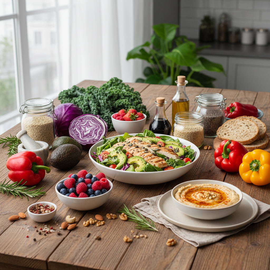 Berbagai macam makanan sehat dan bahan-bahan berkualitas